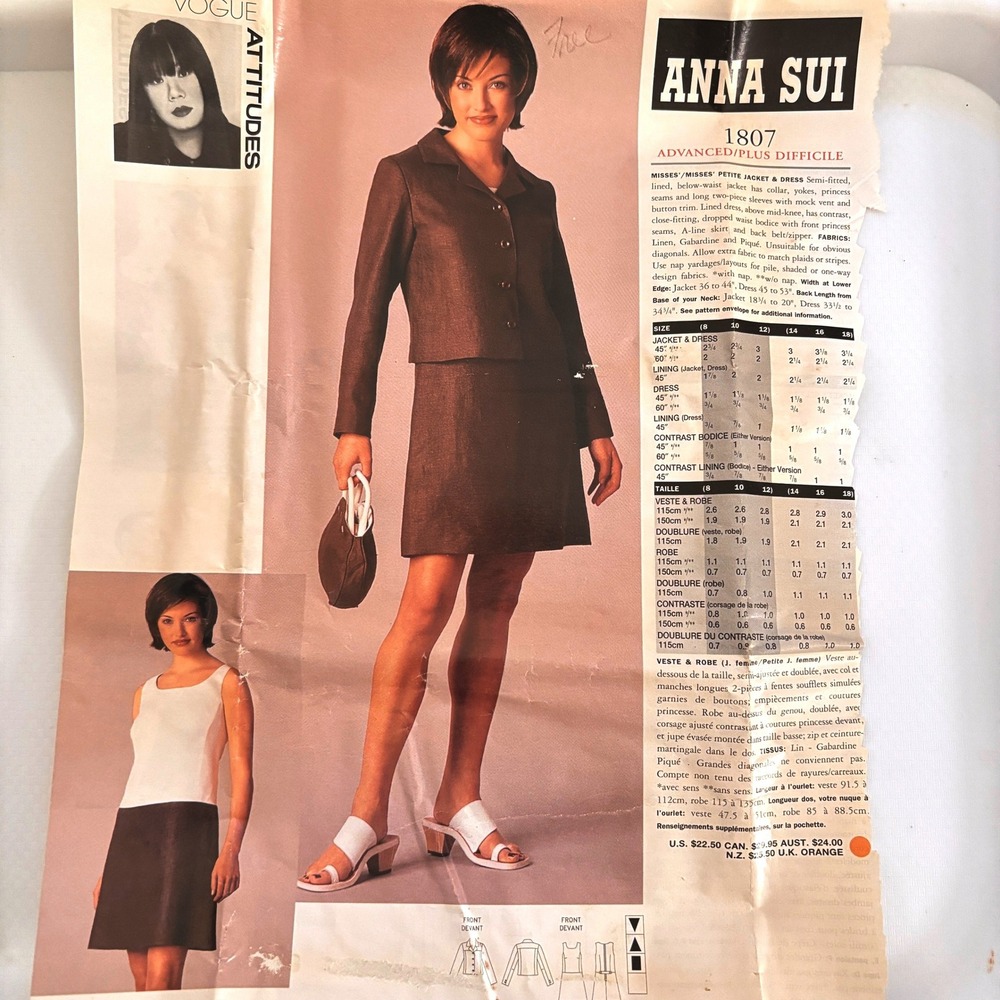 Vogue 1807 RARE Anna Sui Attitudes Jacket Dress Sz 14-18 Vtg 96 NoEnvelope Uncut